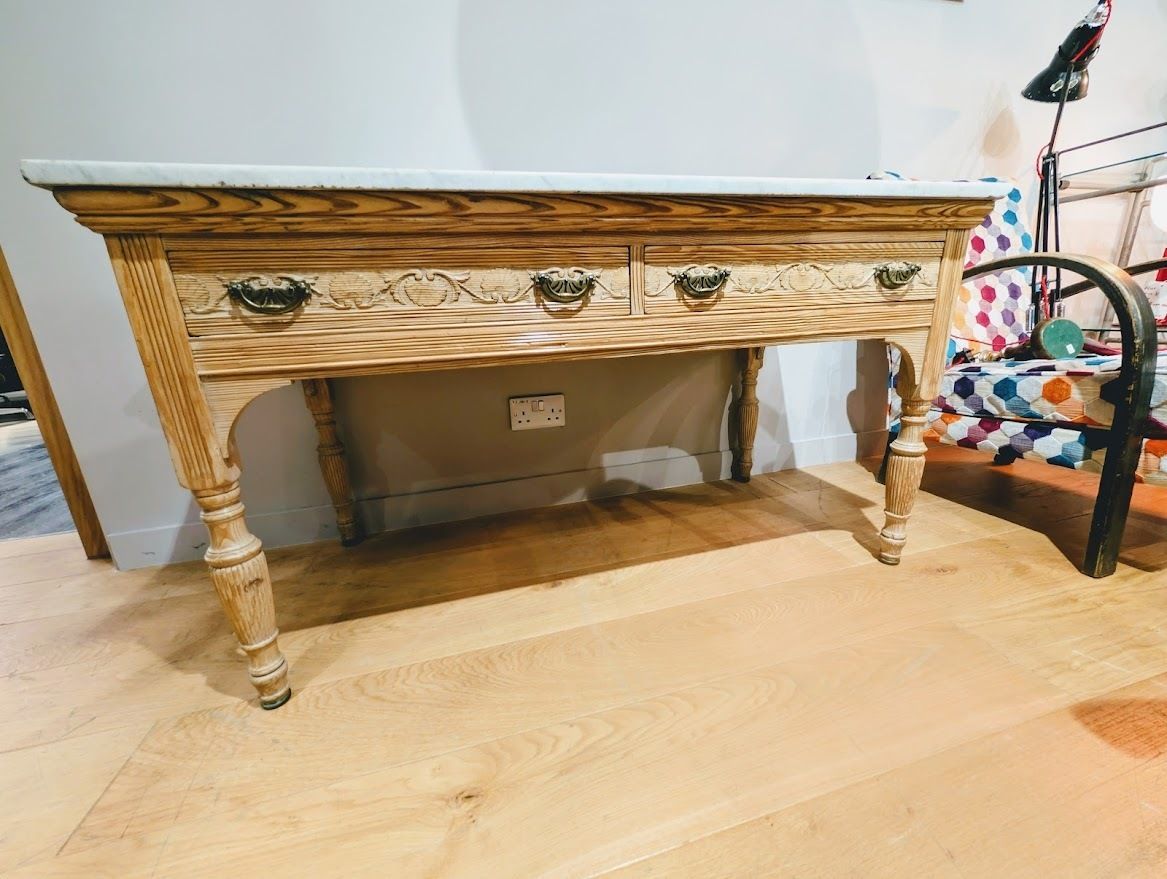 19th Century Marble Top, Hand Carved Pitch Pine Table By John Reid & Sons