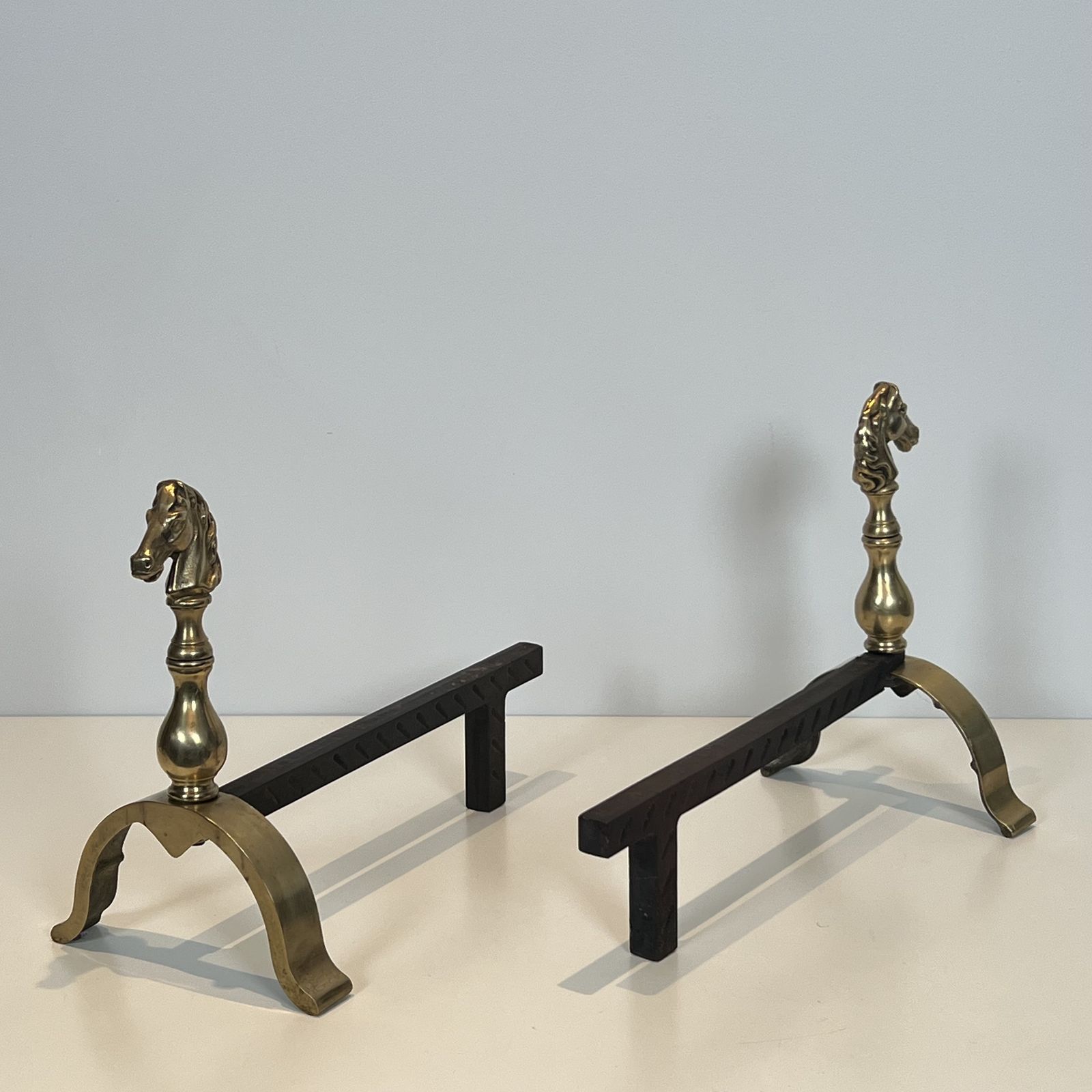 Home Fixtures Pair Of Brass Horse Shaped Andirons photo