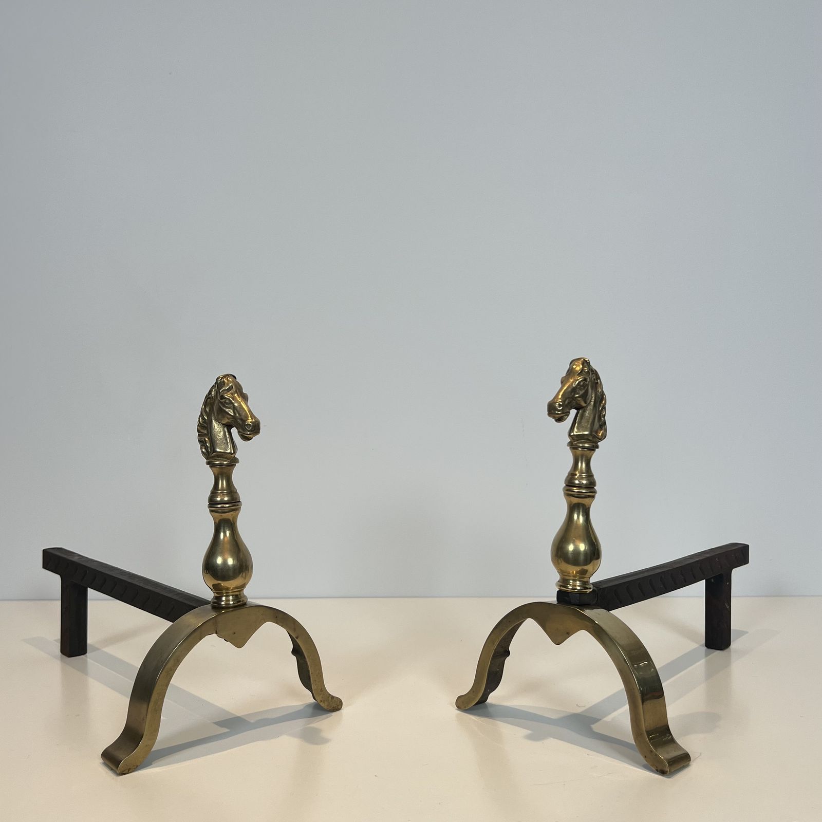 photo buy Pair Of Brass Horse Shaped Andirons