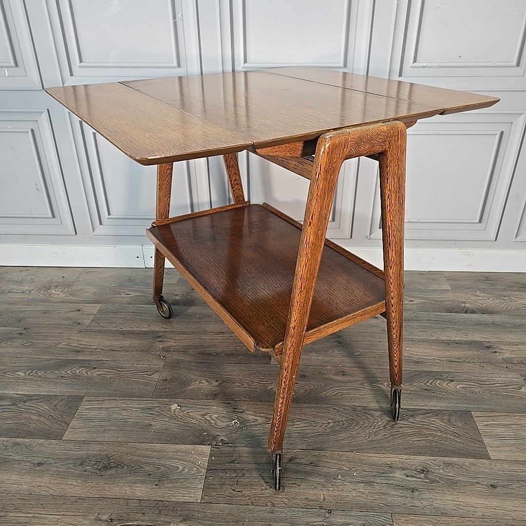 Furniture Vintage Oak Trolley Table Drop Leaf On Castors Mid Century Modern Wooden Retro photo