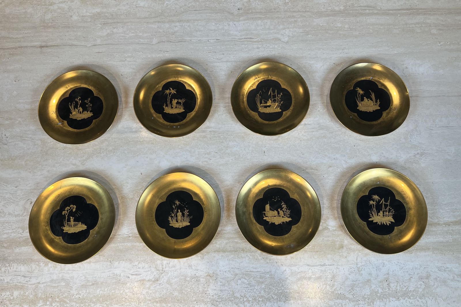 Set Of 8 Gilt Porcelain Plates With Gilt Chinoiserie Decoration On A Black Ground, Signed Delvaux Paris photo furniture