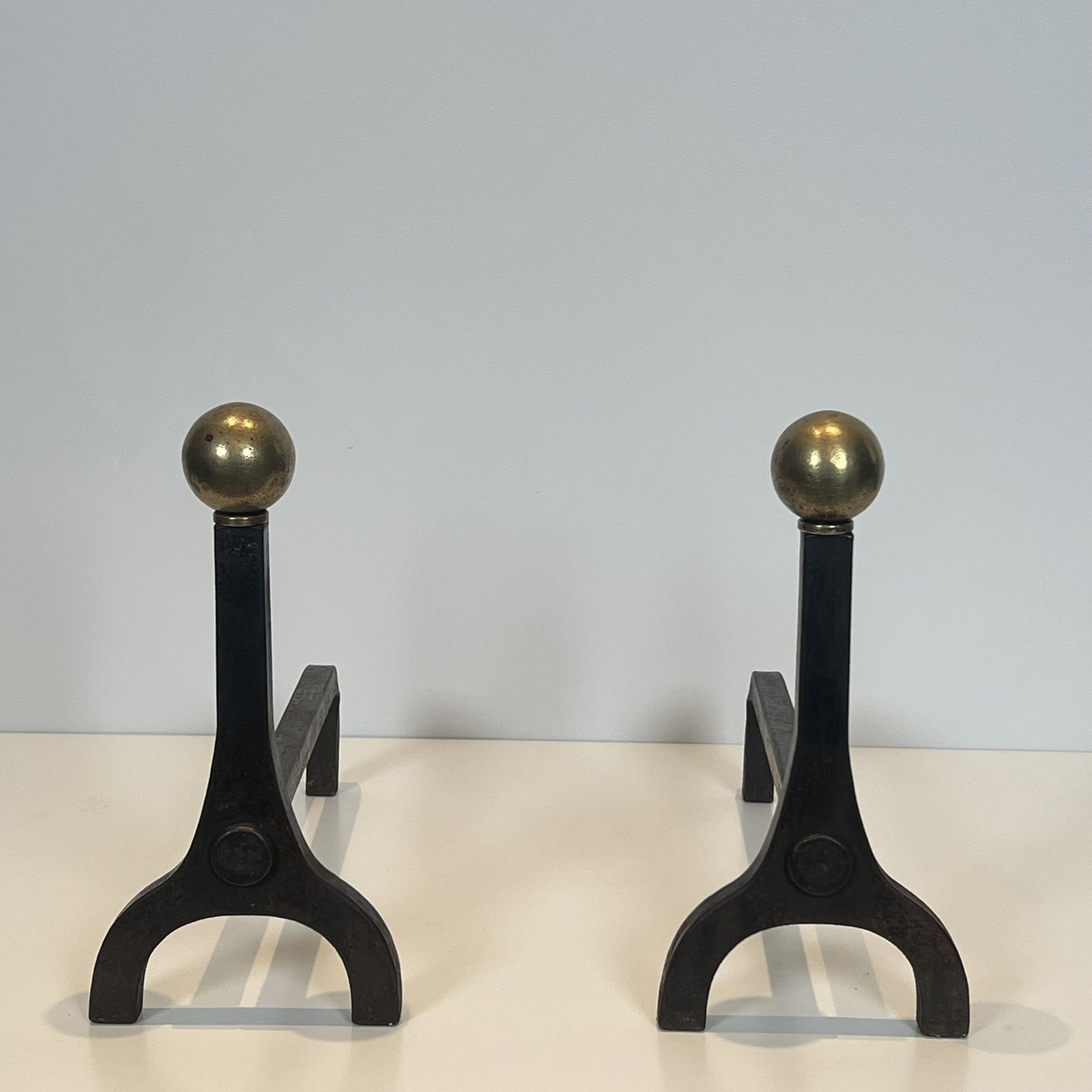 Pair Of Modernist Andirons In Steel, Wrought Iron And Brass By Jacques Adnet photo furniture