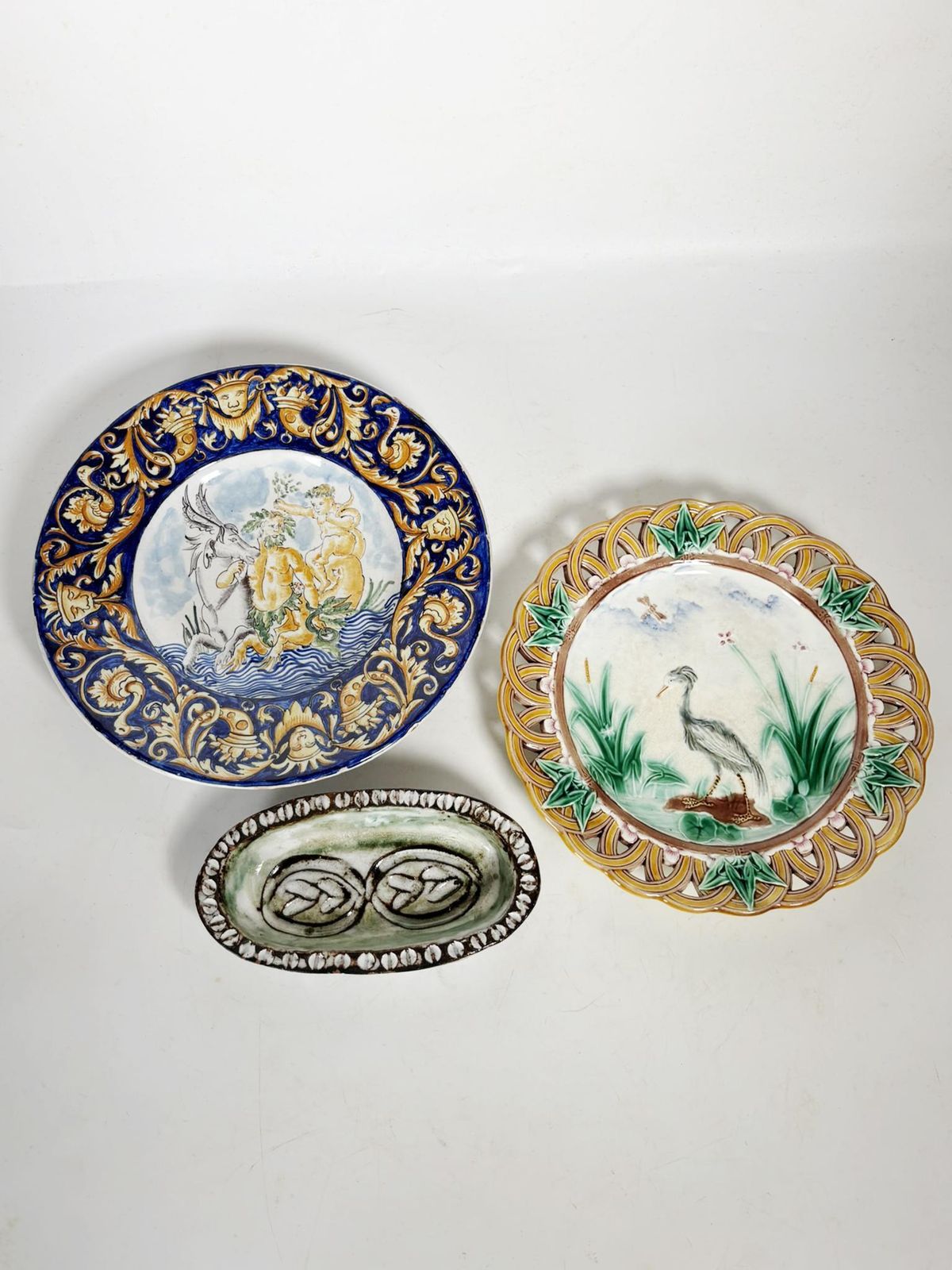 Set Of 2 Majolica Plates, Early 20th Century And An Earthenware Dish, France photo furniture