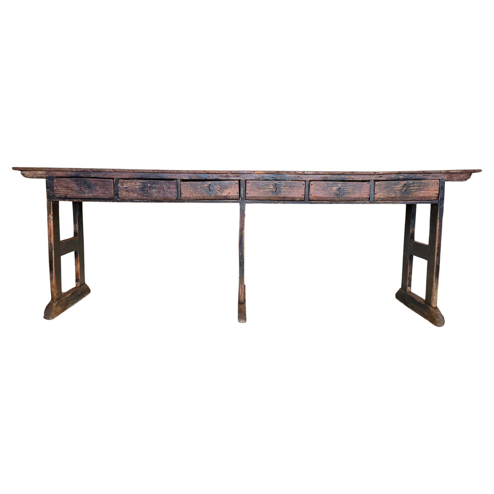Grande console en bois massif de noyer à six tiroirs