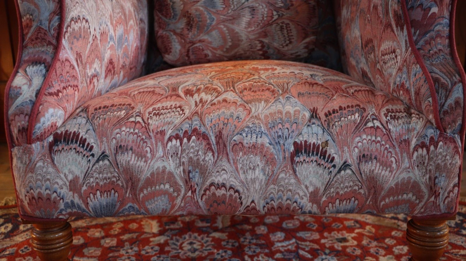 photo furniture Howard & Sons Buttoned Georgian Open Armchair In Pecock Tail Abstract Fabric
