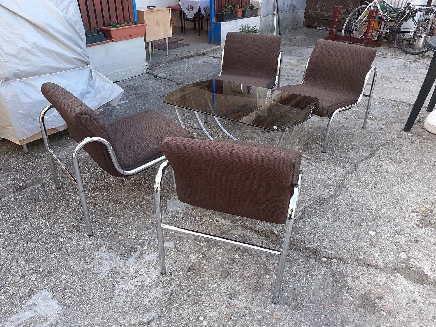 Hungarian Chrome Plated Metal Table And Dining Chairs Set, 1960s, Set Of 5 photo vintage