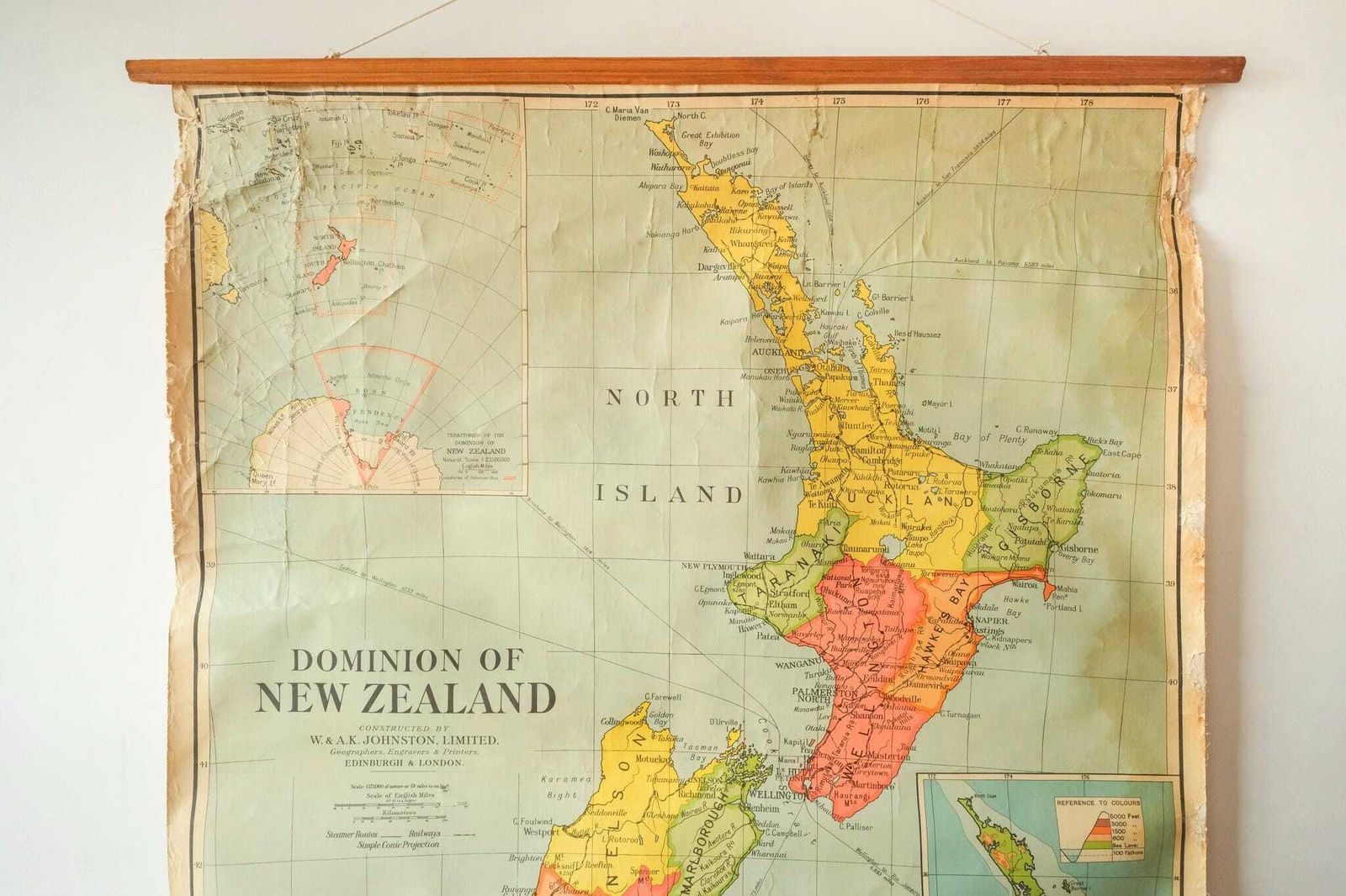 Original 1950s Vintage Mid Century British Educational School Wall Chart New Zealand Map Beautiful W Ak Johnston photo for sale