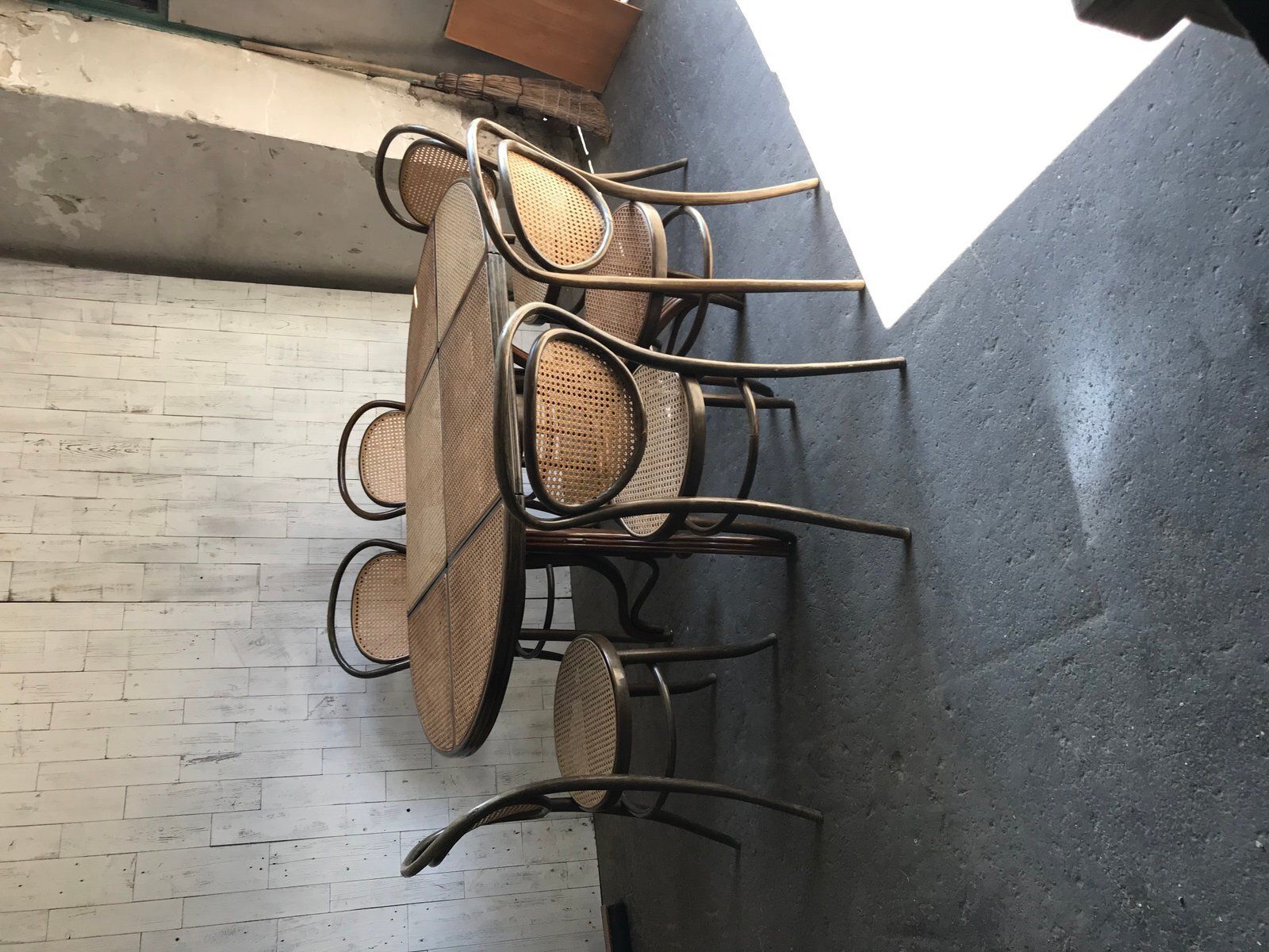 photo furniture Oval Dining Chairs & Table In Wood Cane, Germany, 1960s, Set Of 7