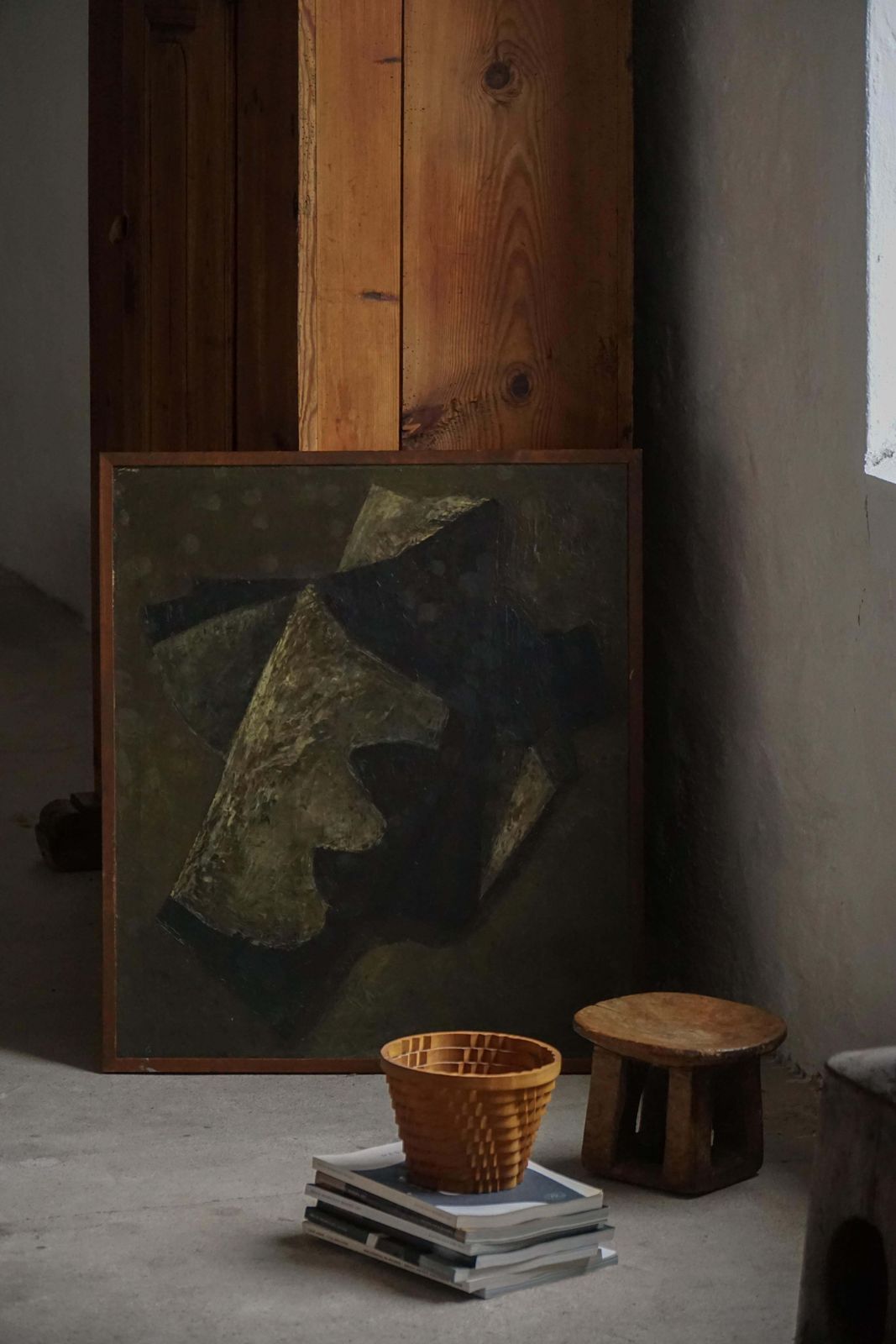 Abstract Mid Century Oil Pastel Painting Danish Artist Patinated Wood Frame photo furniture