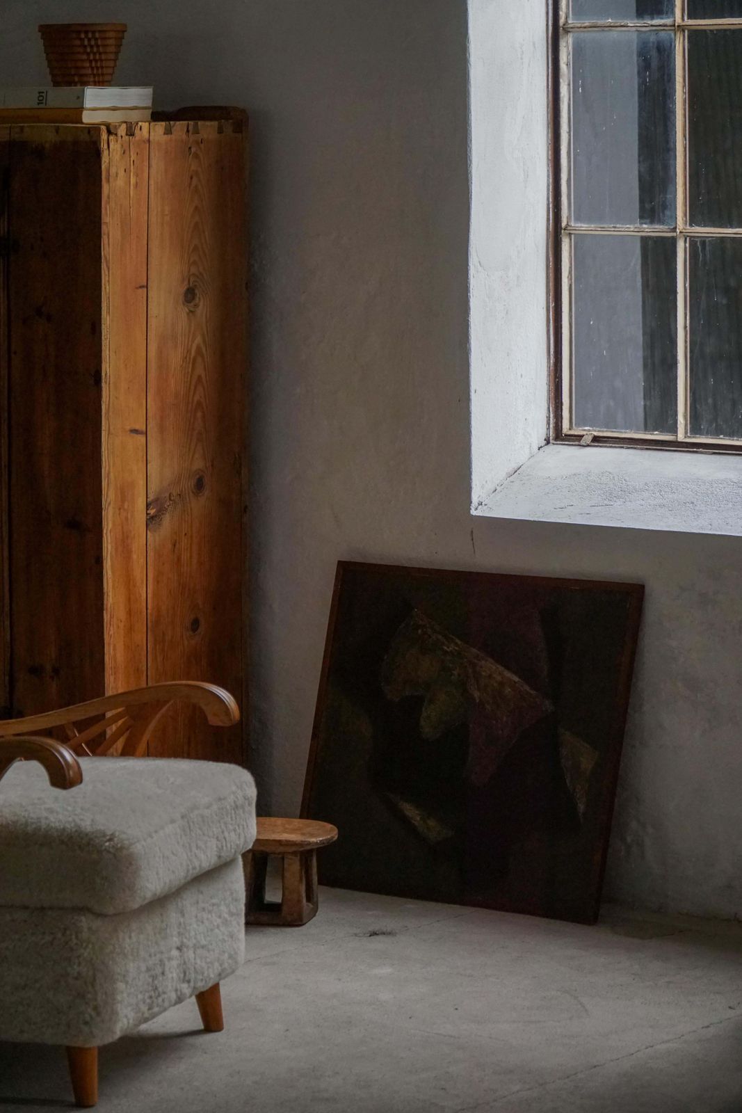 Abstract Mid Century Oil Pastel Painting Danish Artist Patinated Wood Frame photo vinterior