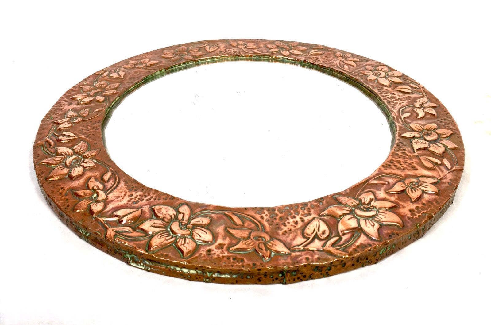 photo for sale Antique Arts & Crafts Copper Metal Circular Wall Hanging Mirror C.1920