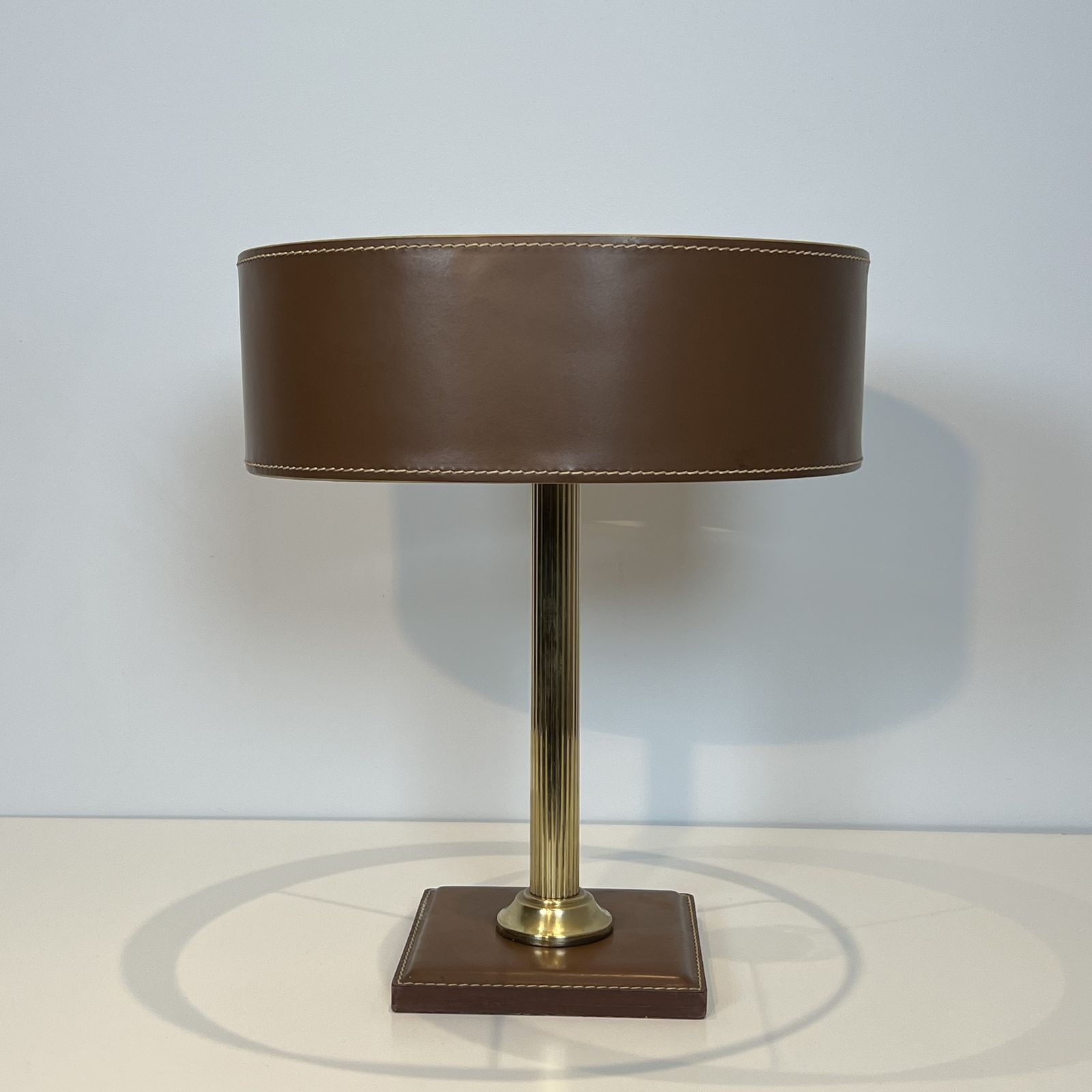 Brown Leather And Brass Desk Lamp In The Style Of Jacques Adnet photo furniture
