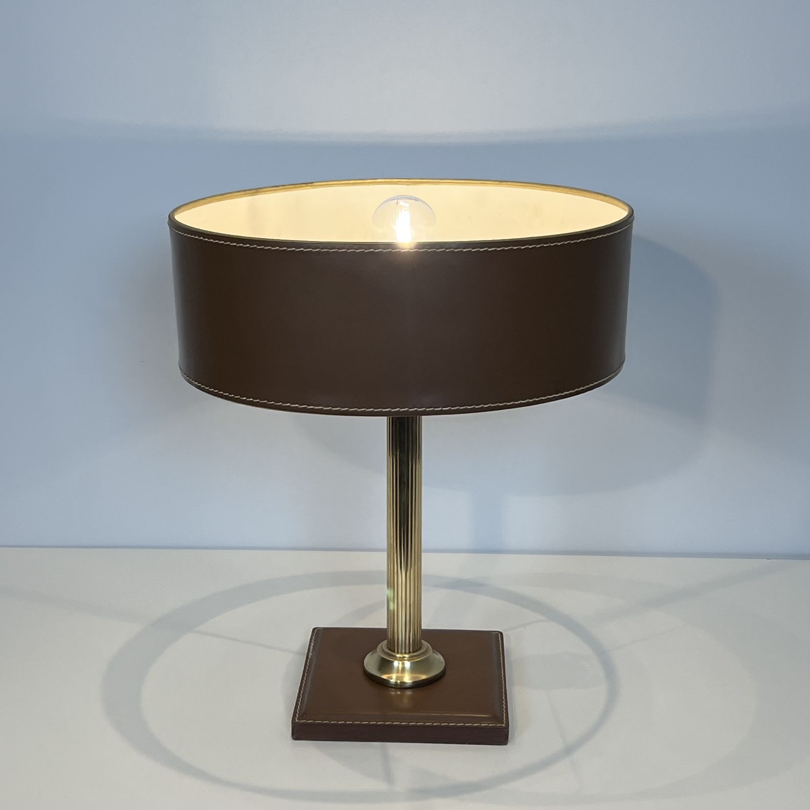 Brown Leather And Brass Desk Lamp In The Style Of Jacques Adnet photo Lighting