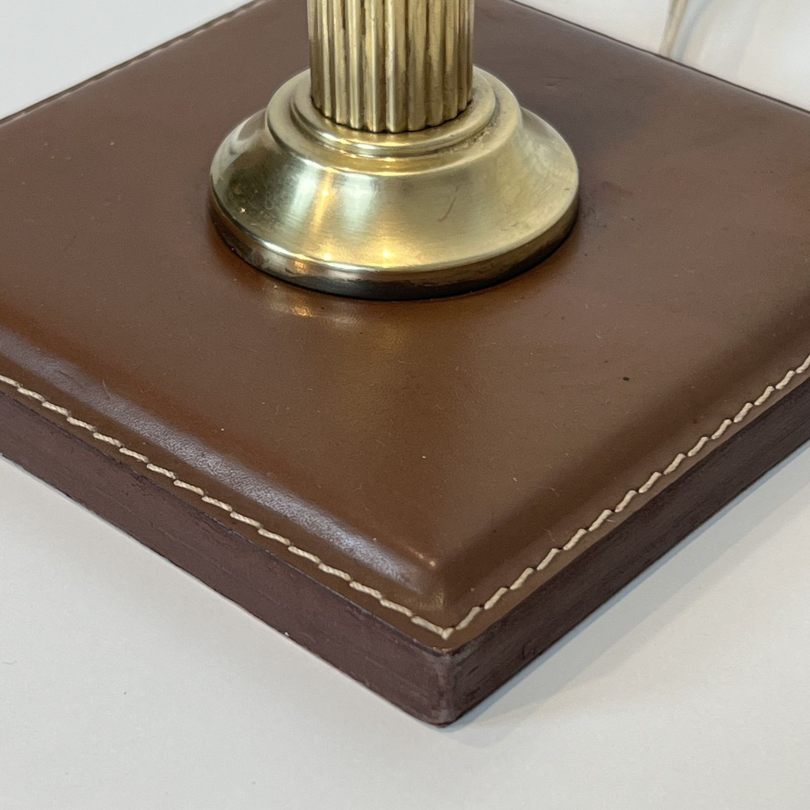 Lighting Brown Leather And Brass Desk Lamp In The Style Of Jacques Adnet photo
