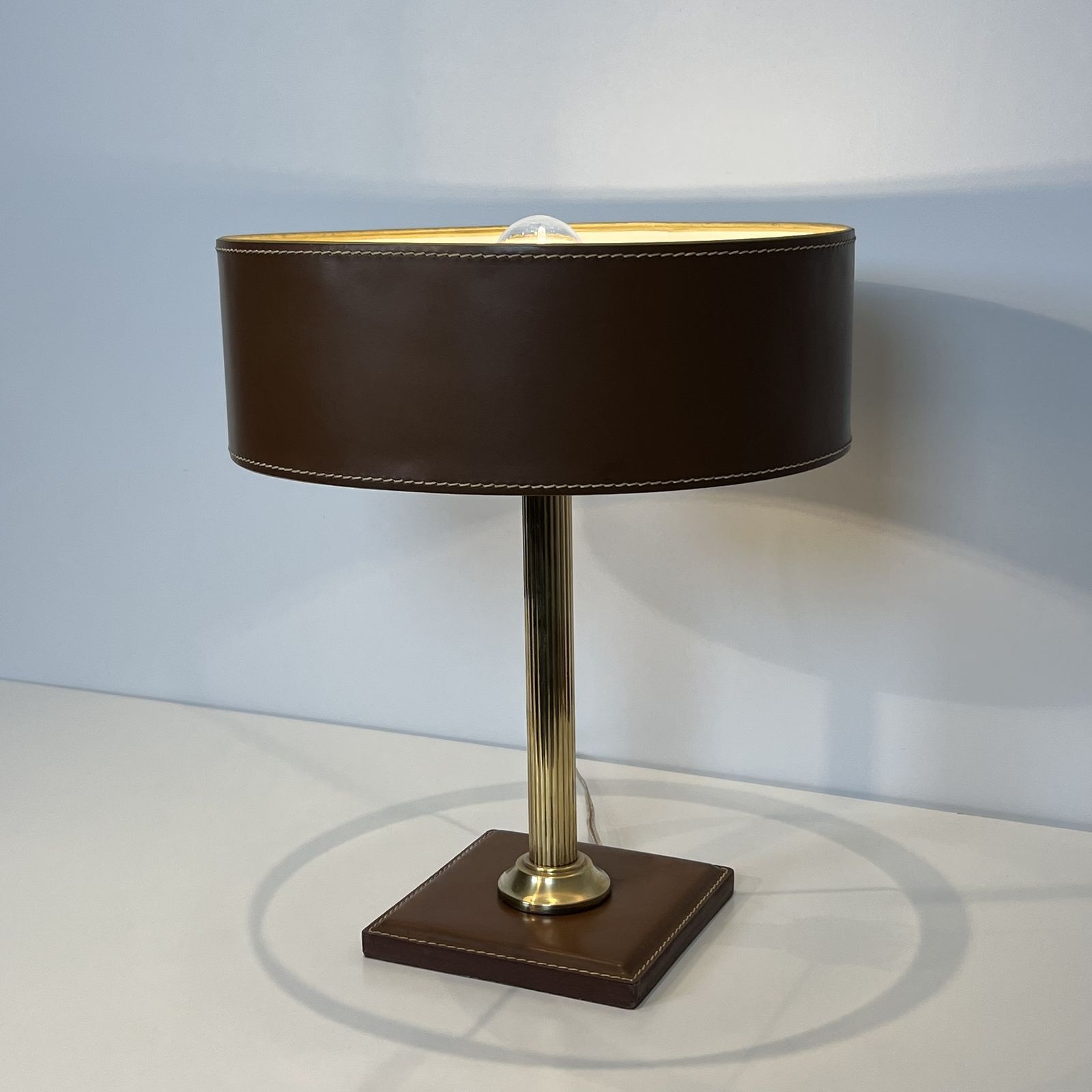 photo vinterior Brown Leather And Brass Desk Lamp In The Style Of Jacques Adnet