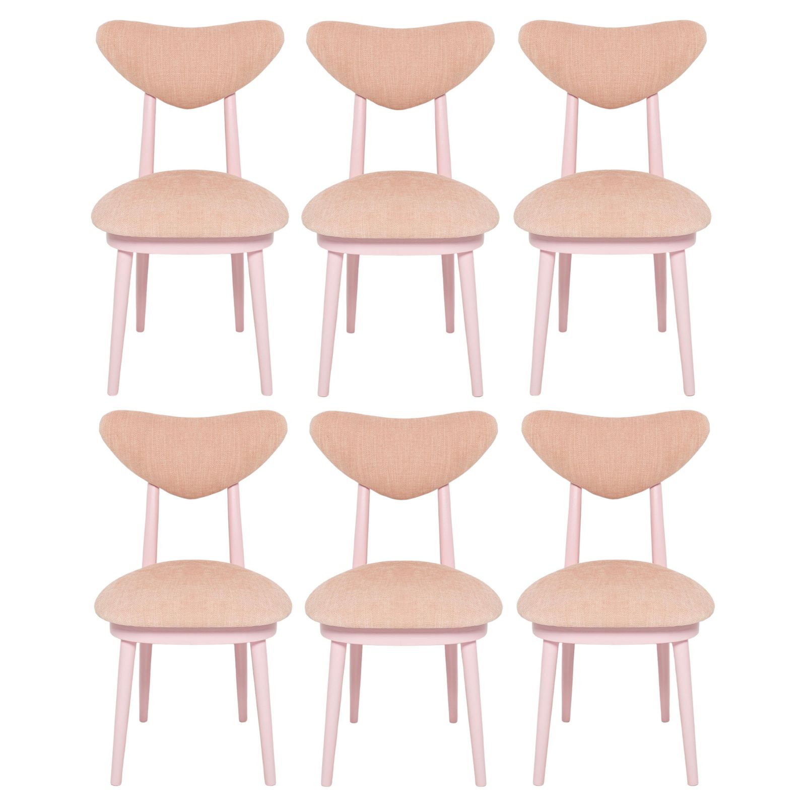 Six Mid Century Heart Chairs, Light Pink Chenille, Pink Wood, Europe, 1960s