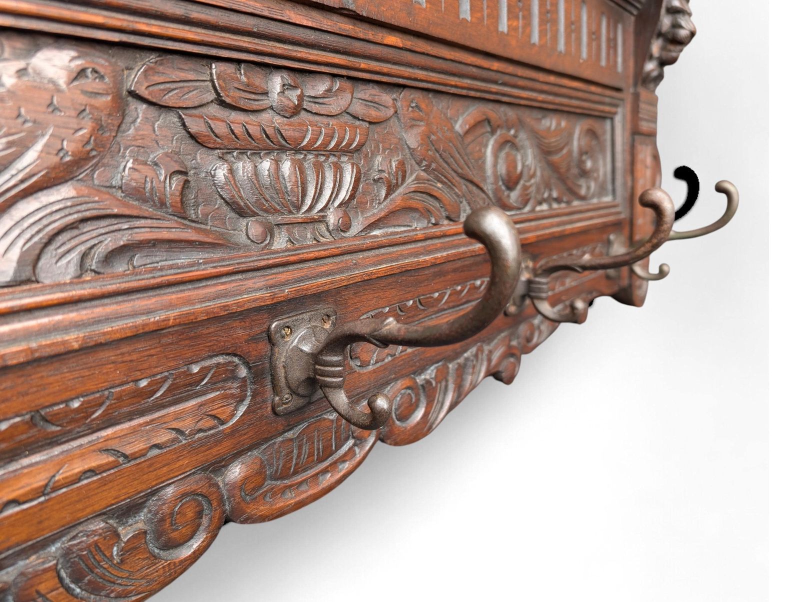 Antique 19th Century Renaissance Revival Carved Oak Wall Coat Rack photo vintage