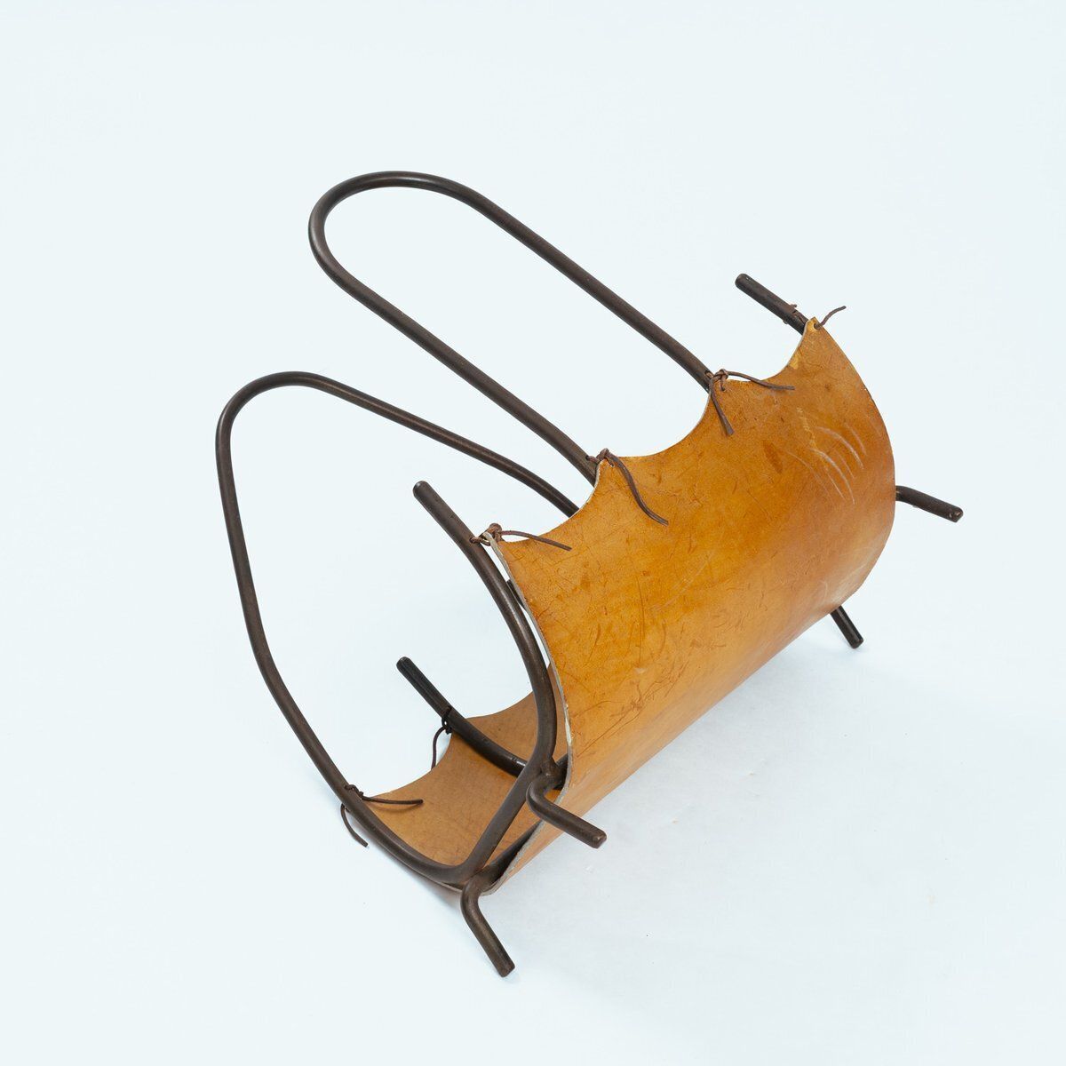 Leather And Steel Log Basket In Black Steel And Tan Leather With Asymmetric Handles, Spain, 1960s photo vinterior