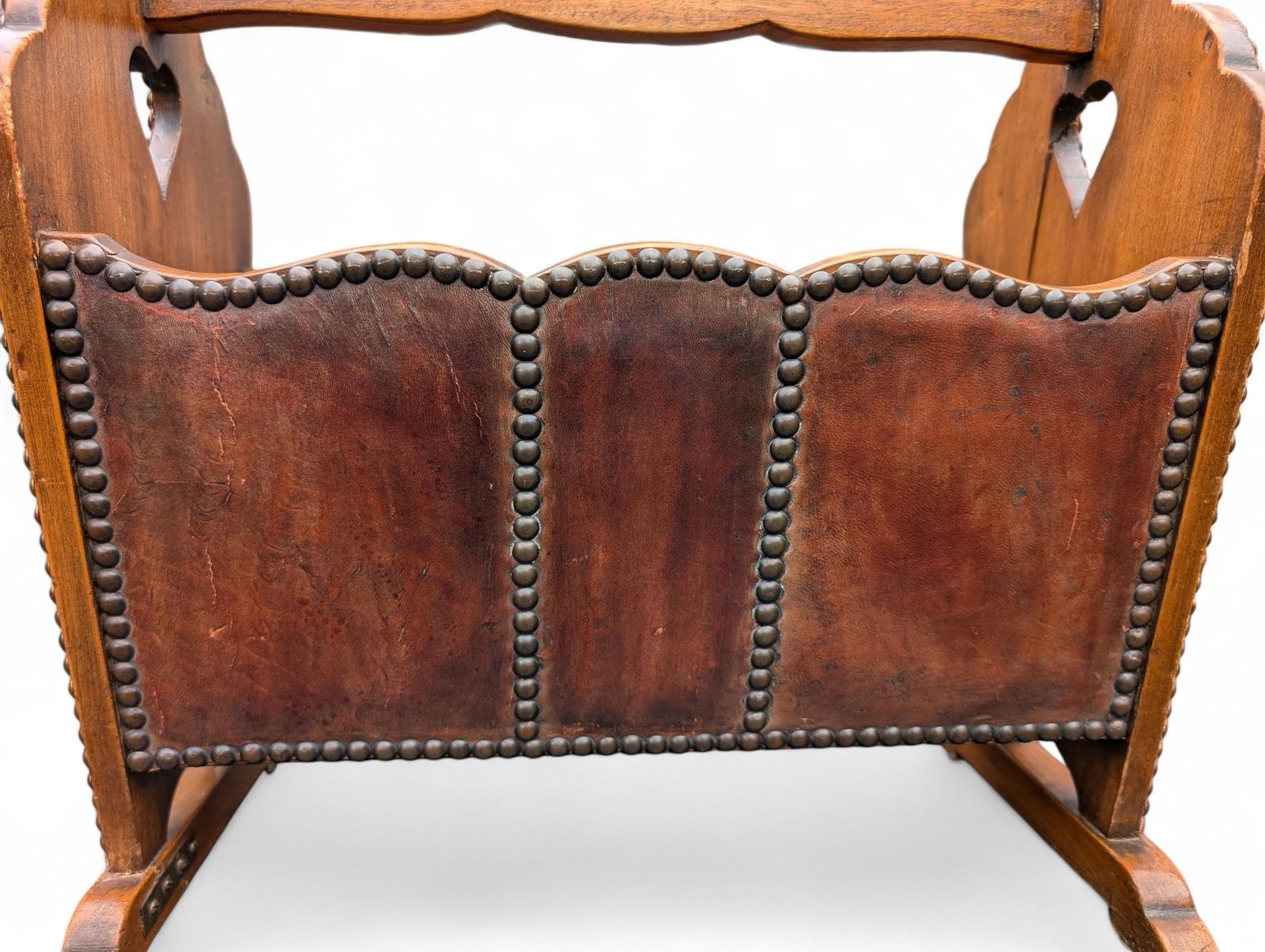 English Arts & Crafts Magazine Rack With Leather Panels And Heart Cutouts photo vintage
