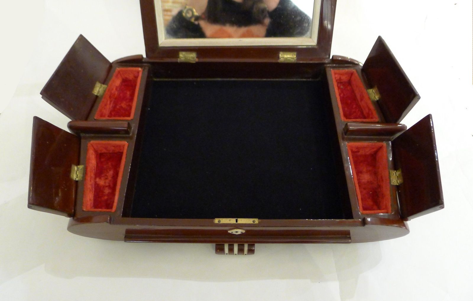 photo furniture Large Mid Century Lacquered Wooden Jewelry Box With Fish, Asia, 1950s