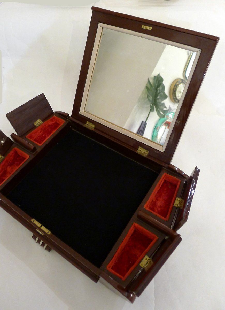 photo for sale Large Mid Century Lacquered Wooden Jewelry Box With Fish, Asia, 1950s