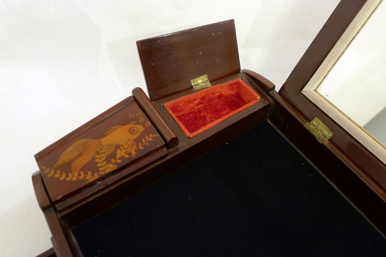 Home Decor Large Mid Century Lacquered Wooden Jewelry Box With Fish, Asia, 1950s photo