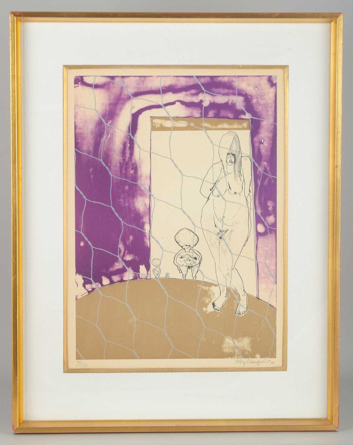 Roy Lindqvist. Color Lithograph On Paper. Composition With Nude Woman.