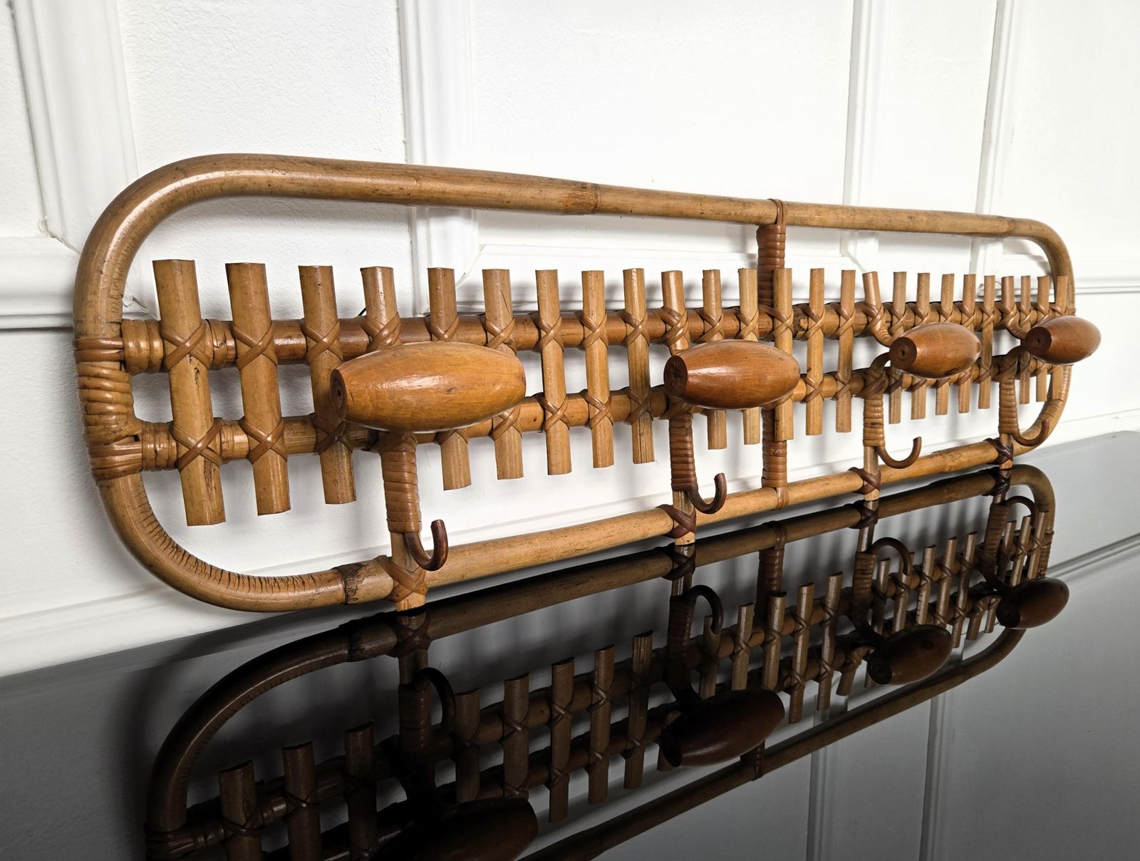 1960s, Italian Bamboo Rattan Bohemian 4 Hooks Wall Coat Hanger photo for sale