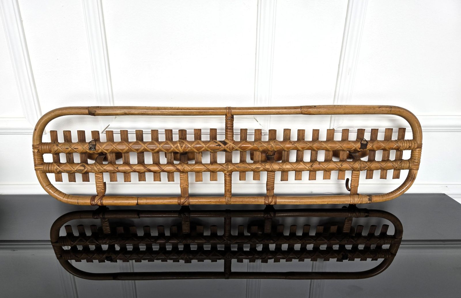 1960s, Italian Bamboo Rattan Bohemian 4 Hooks Wall Coat Hanger photo Furniture