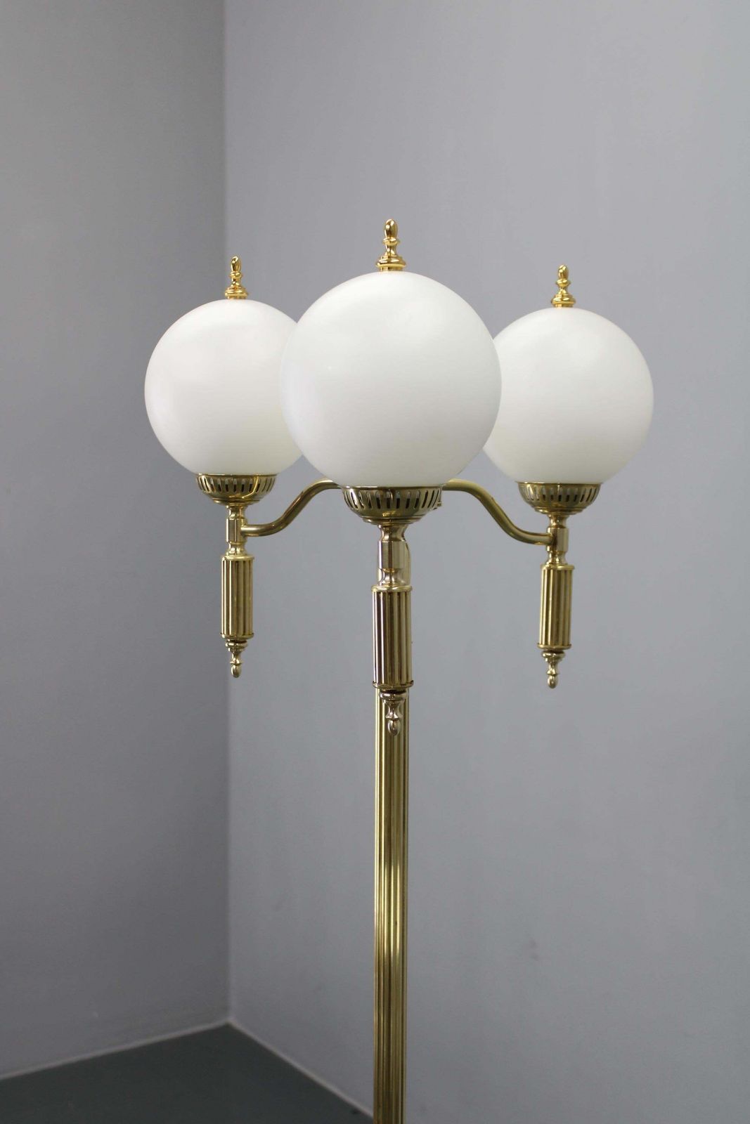 1970s Czechoslovak Floor Lamp In Brass With Milky Glass Shades photo buy
