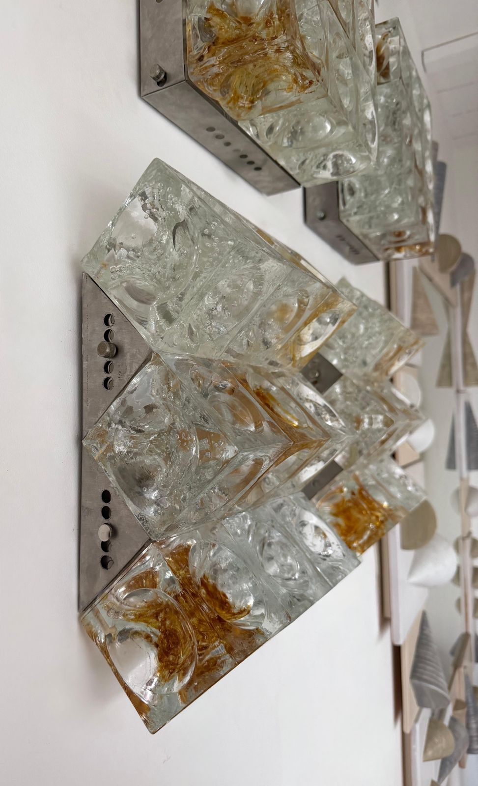 Pair Of Glass Cube Stairs Metal Sconces By Poliarte, Italy, 1970s photo for sale