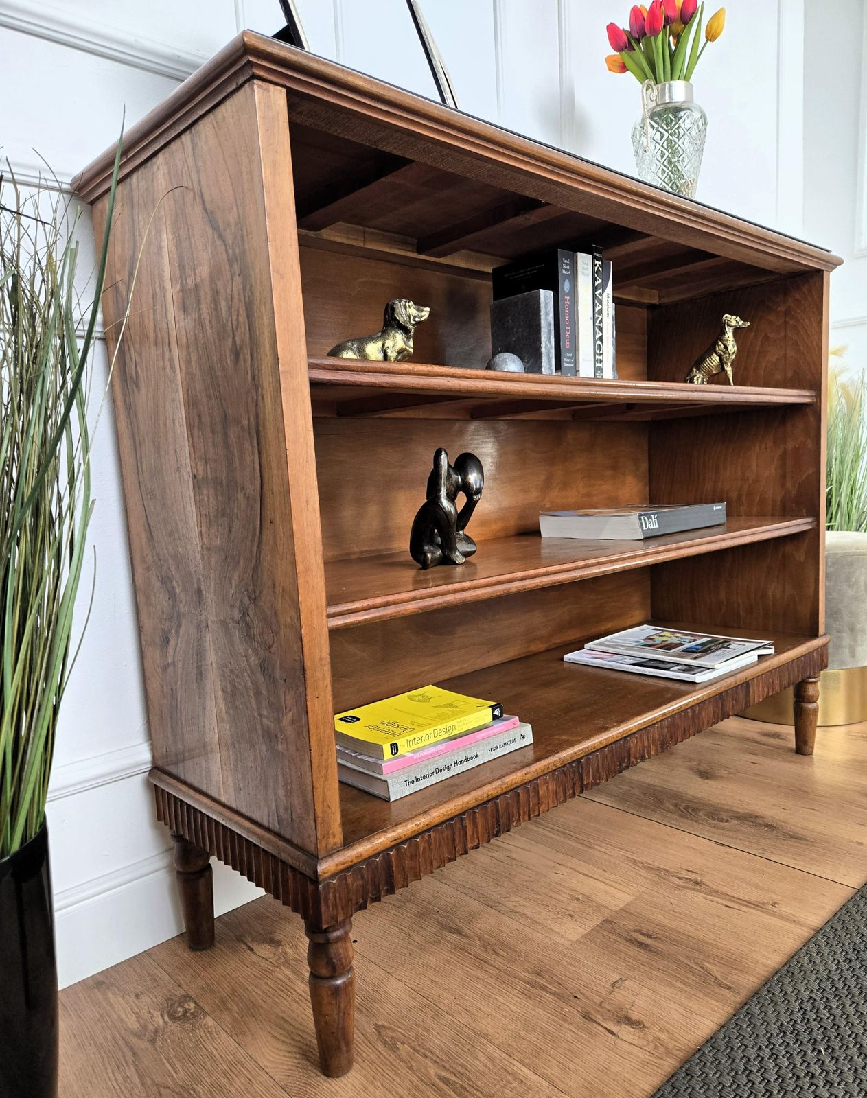 Midcentury Italian Walnut Burl Wood Three Shelves Open Bookcase Library photo 1330.0