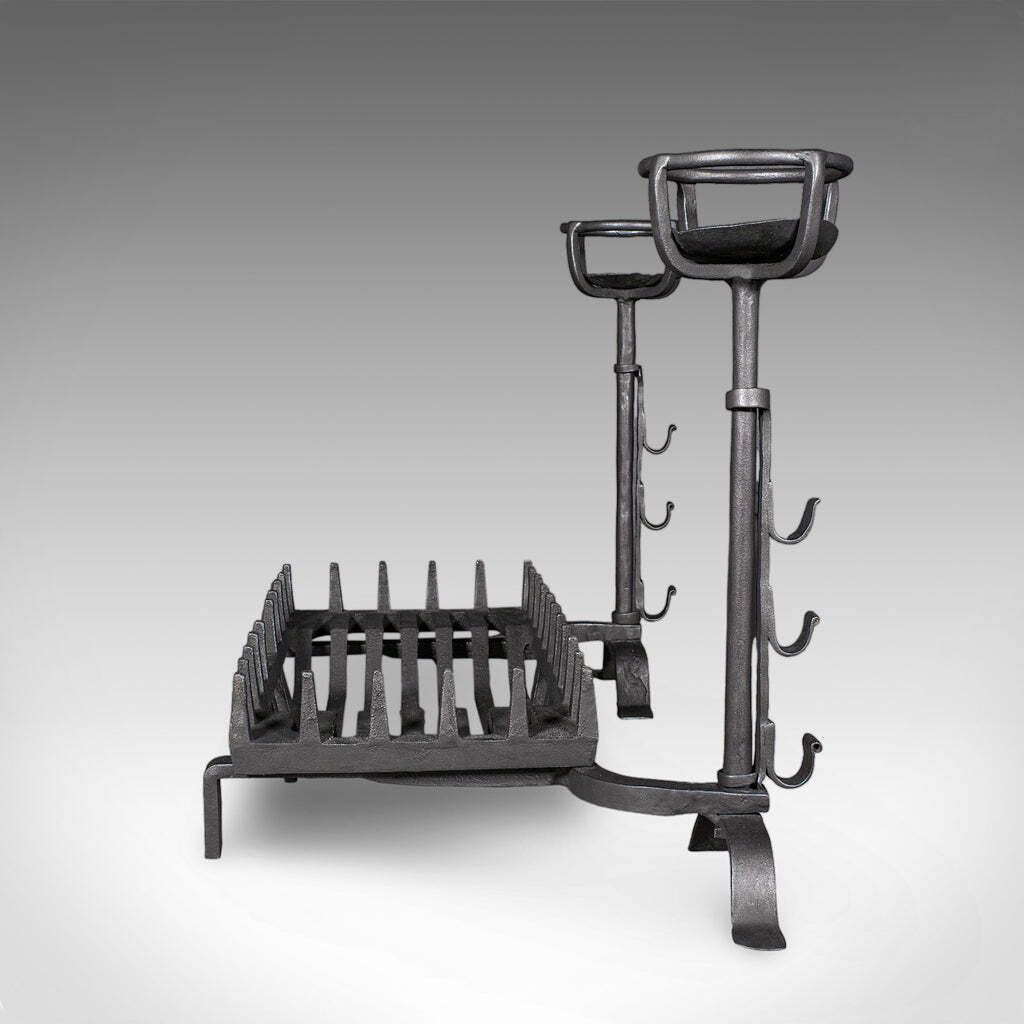 Antique Fireplace Set English Cast Iron Fire Basket Mulling Andiron Georgian photo for sale