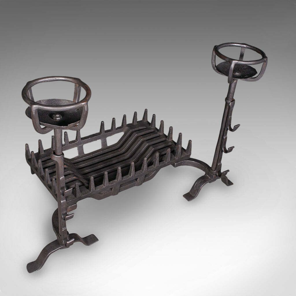 Antique Fireplace Set English Cast Iron Fire Basket Mulling Andiron Georgian photo vinterior