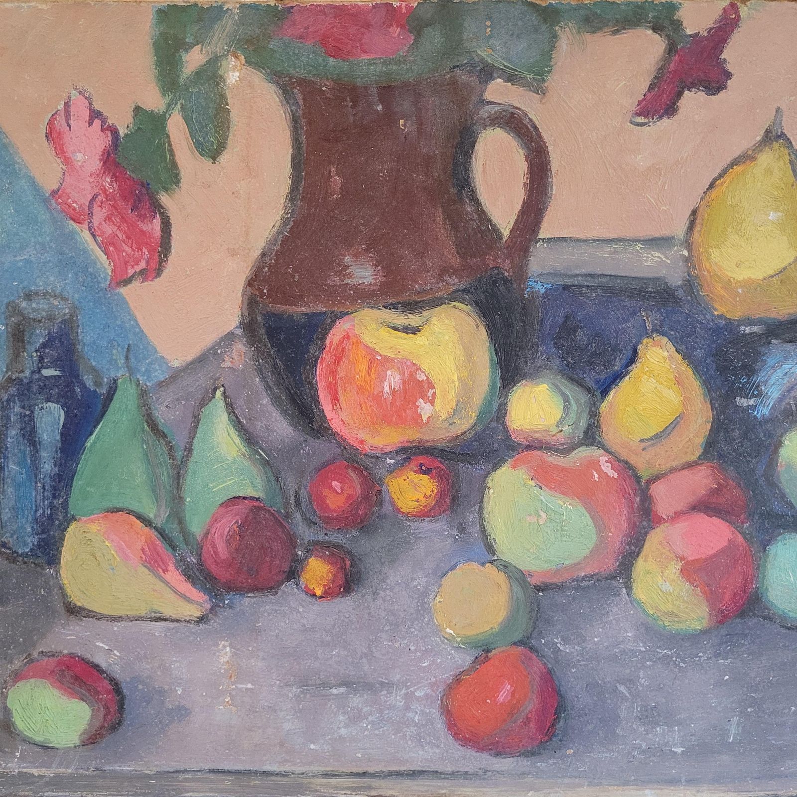Post Impressionist Oil On Board. Tablescape Still Life. School Of Cezanne. 1950s, By Jean Perret photo for sale