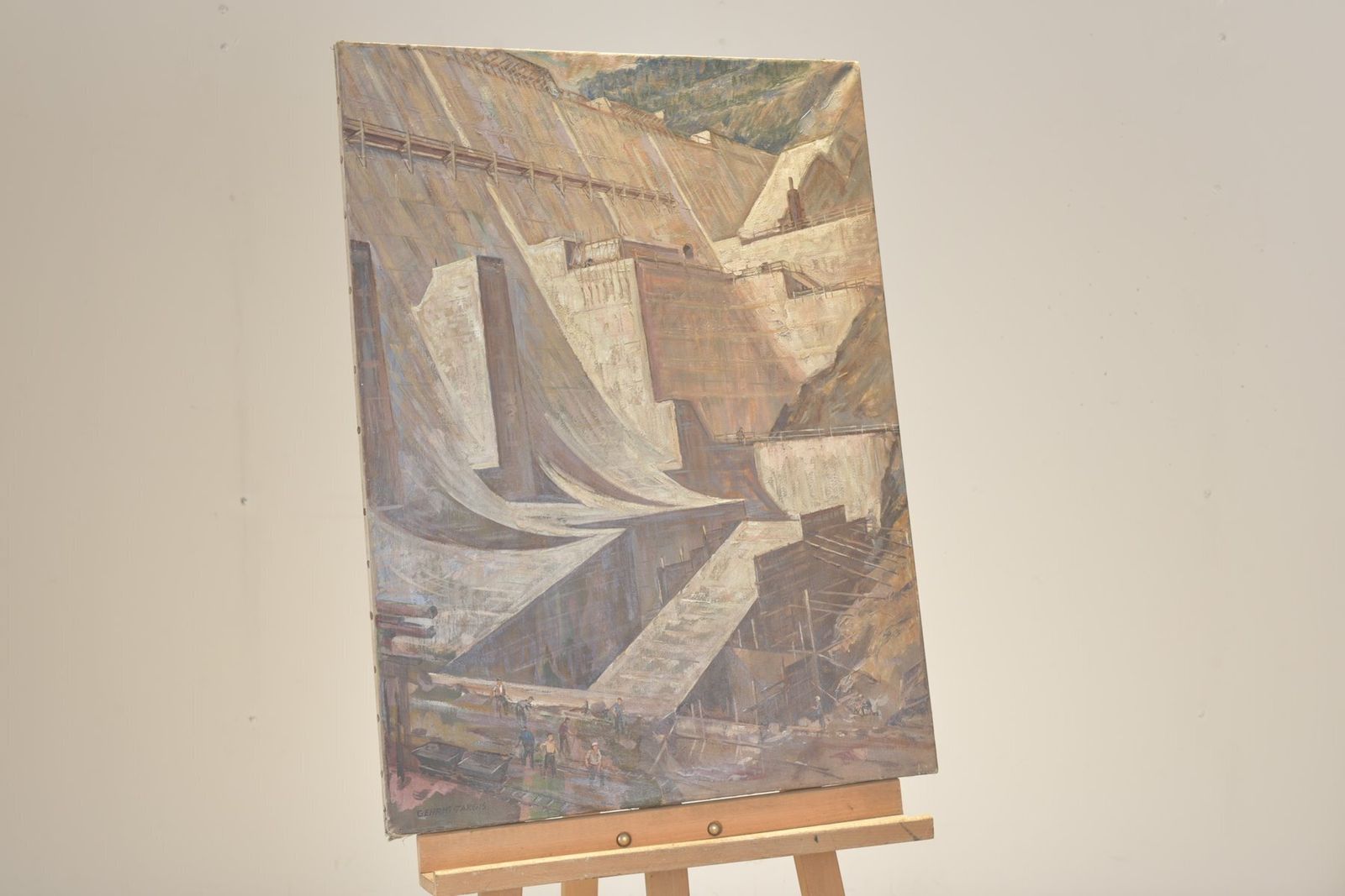 Oil Painting, Dam By Franz Edwin Gehrig Targis, Circa 1958 photo vintage