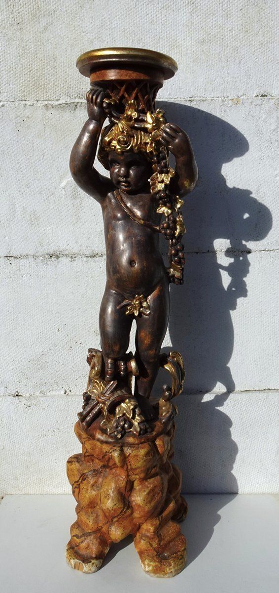 Italian Gilded And Carved Wooden Cherub Pedestal Plant Stand, 1970s photo for sale