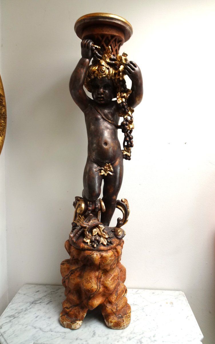 Italian Gilded And Carved Wooden Cherub Pedestal Plant Stand, 1970s photo vinterior