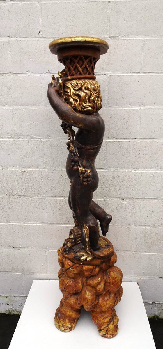 photo vinterior Italian Gilded And Carved Wooden Cherub Pedestal Plant Stand, 1970s
