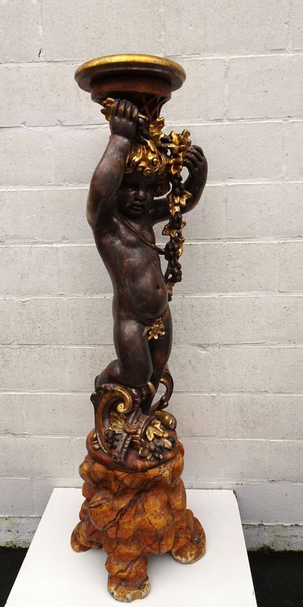 photo vintage Italian Gilded And Carved Wooden Cherub Pedestal Plant Stand, 1970s