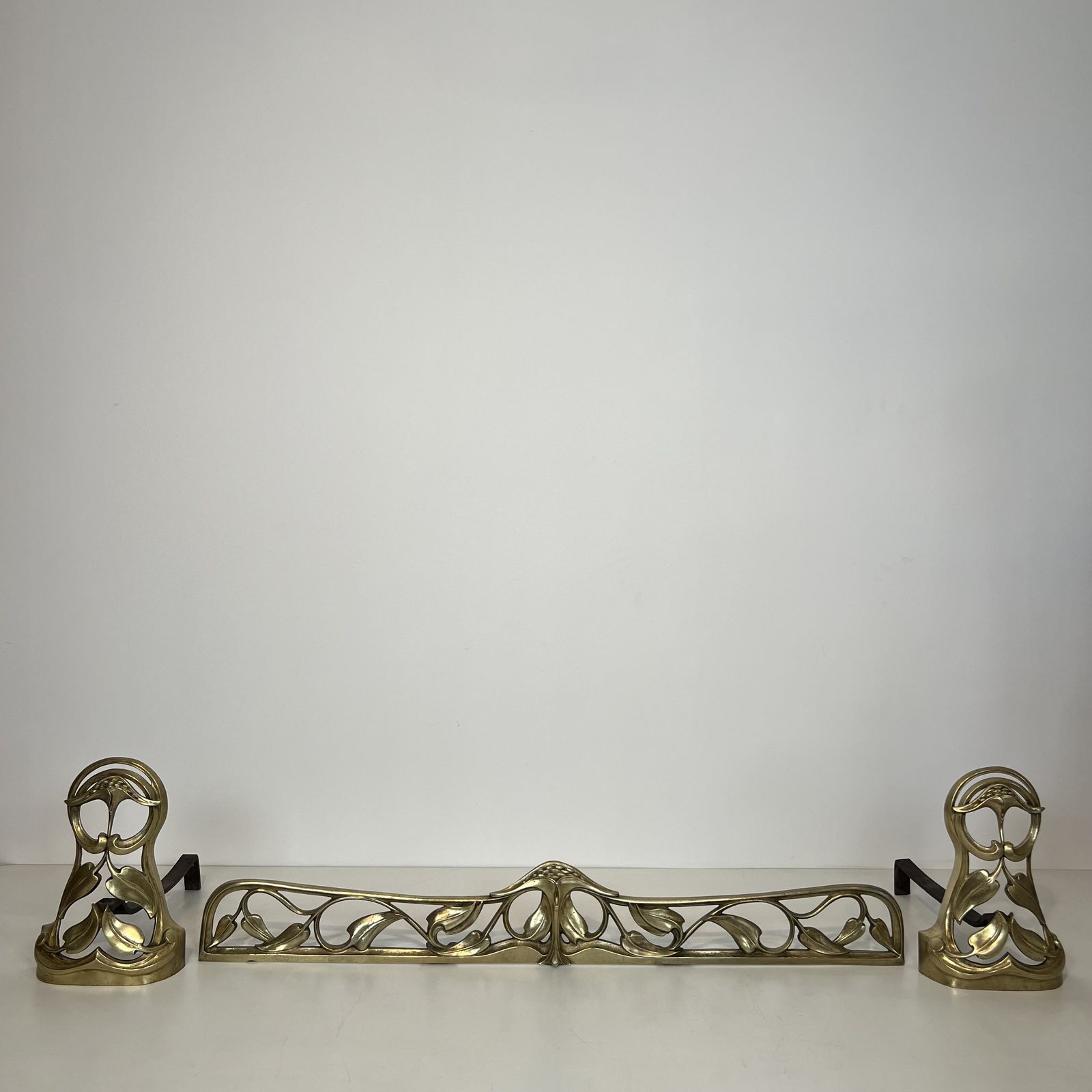 Pair Of Art Nouveau Bronze Andirons Decorated With Flowers And Foliage