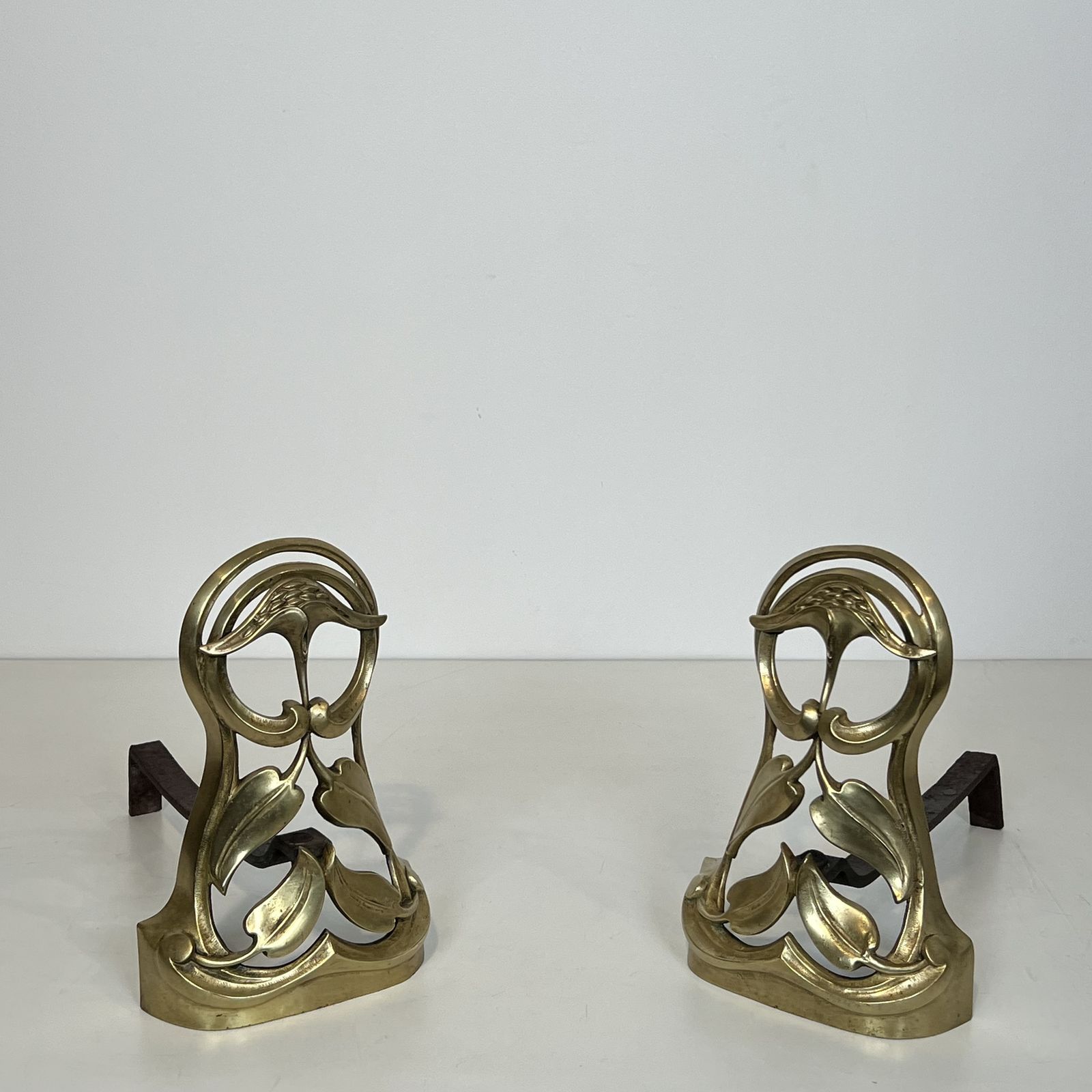 Pair Of Art Nouveau Bronze Andirons Decorated With Flowers And Foliage photo for sale