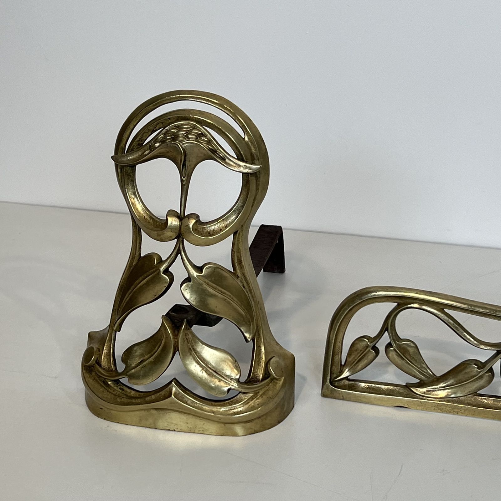 Pair Of Art Nouveau Bronze Andirons Decorated With Flowers And Foliage photo Home Fixtures
