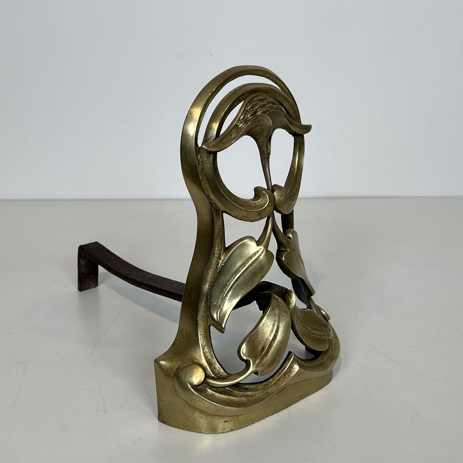 photo vinterior Pair Of Art Nouveau Bronze Andirons Decorated With Flowers And Foliage