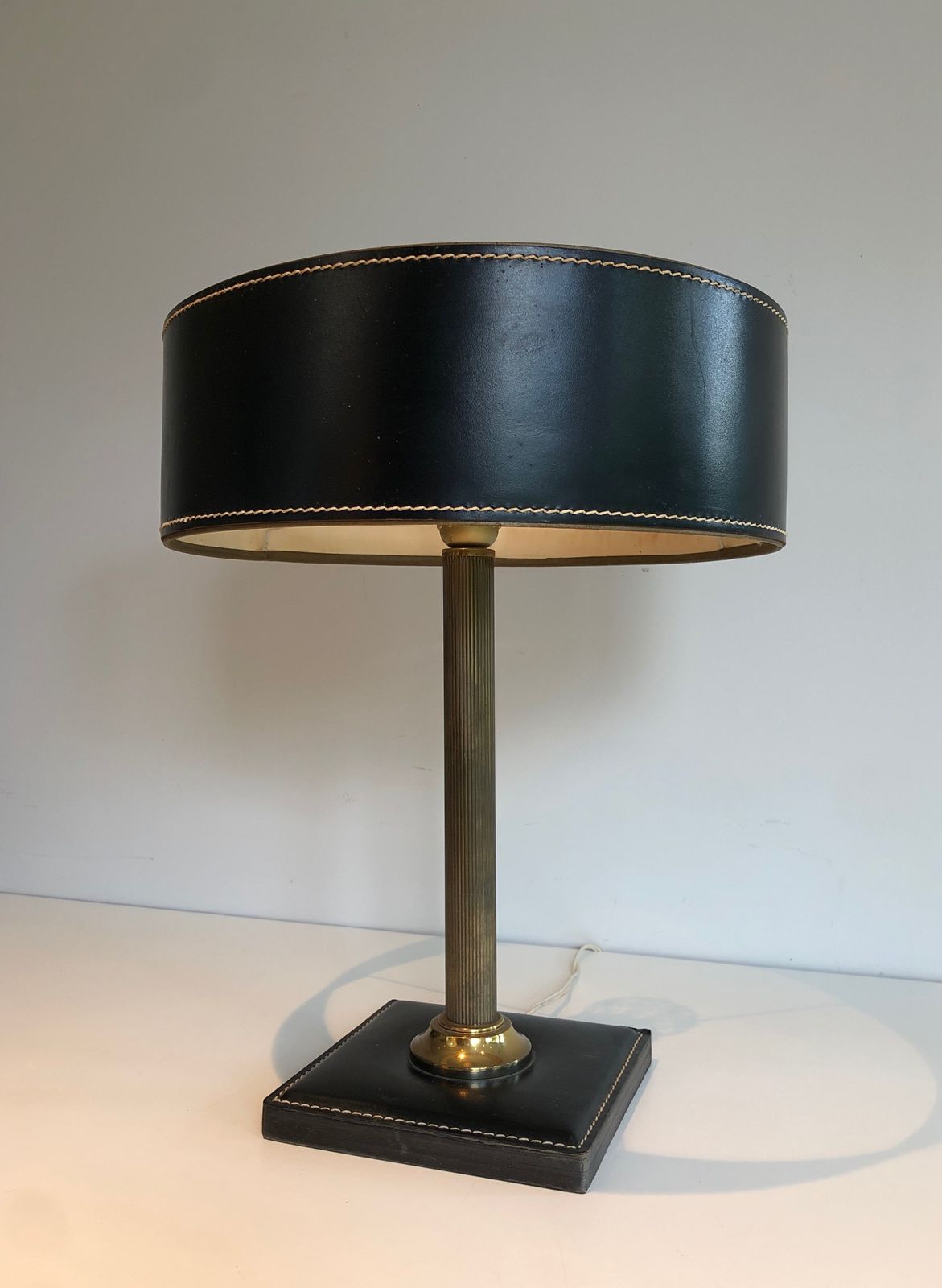 1250.0 Black Leather And Brass Desk Lamp In The Style Of Jacques Adnet photo