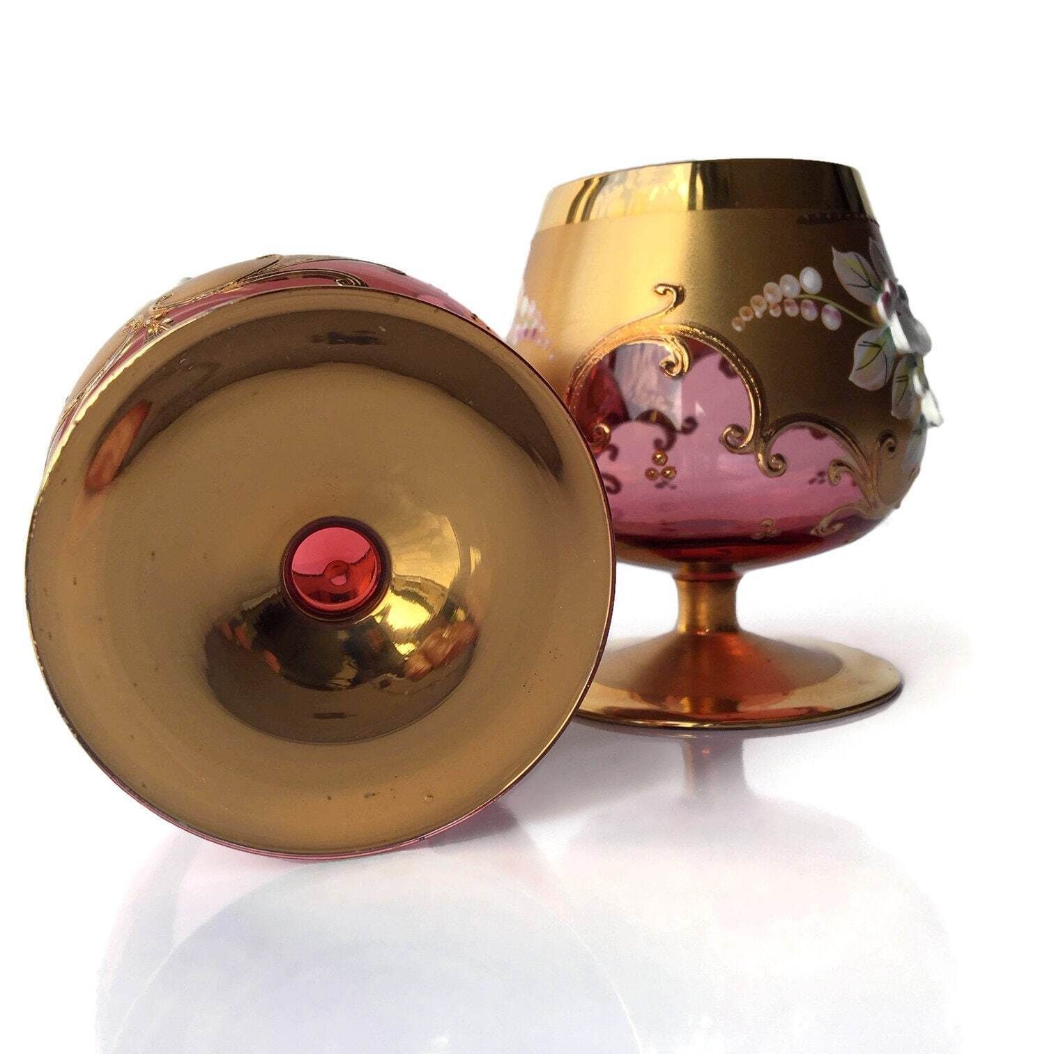 Czech Republic Cognac Glass | 1pc | Gold Pink | Glass Art photo vintage