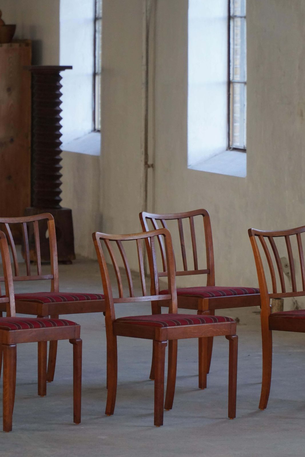 Set Of 6 Classic Danish Modern Dining Chairs, Oak & Upholstered Seats, 1950s photo vintage