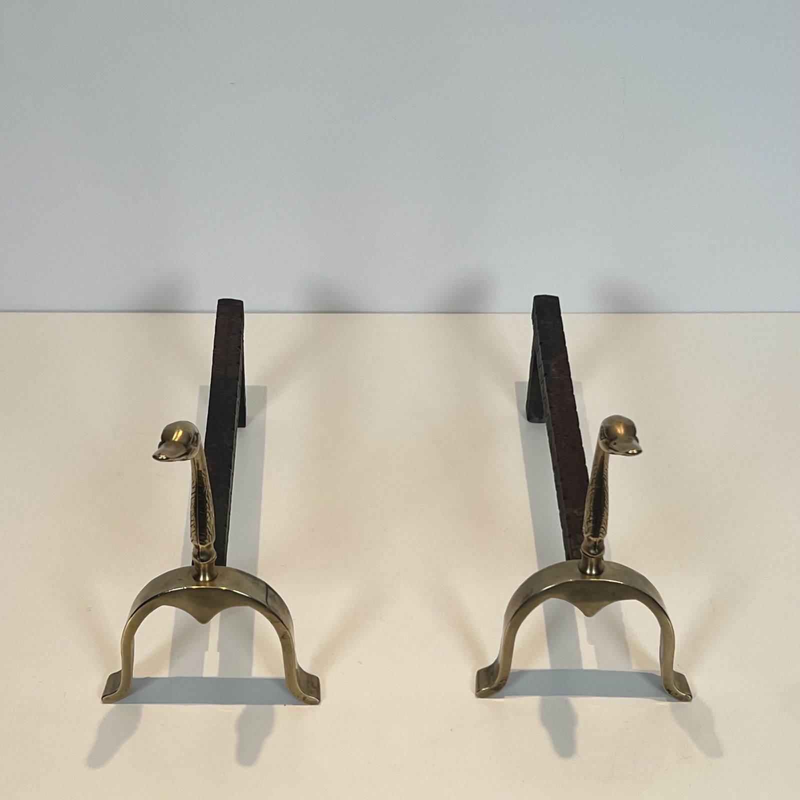 Pair Of Brass Andirons With Ducks. In The Style Of Maison Jansen photo Home Fixtures