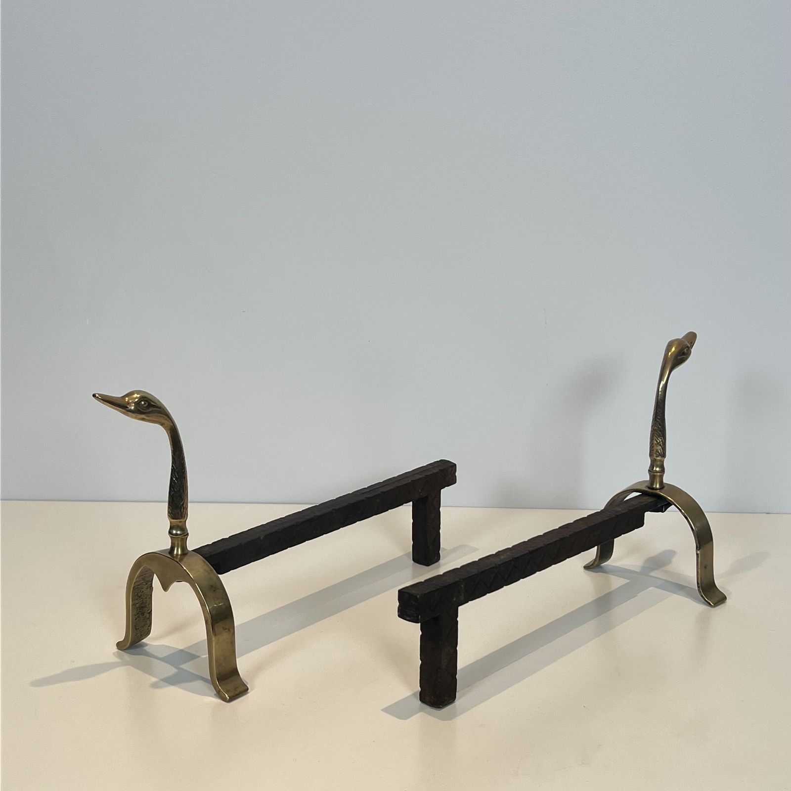 Pair Of Brass Andirons With Ducks. In The Style Of Maison Jansen photo vinterior