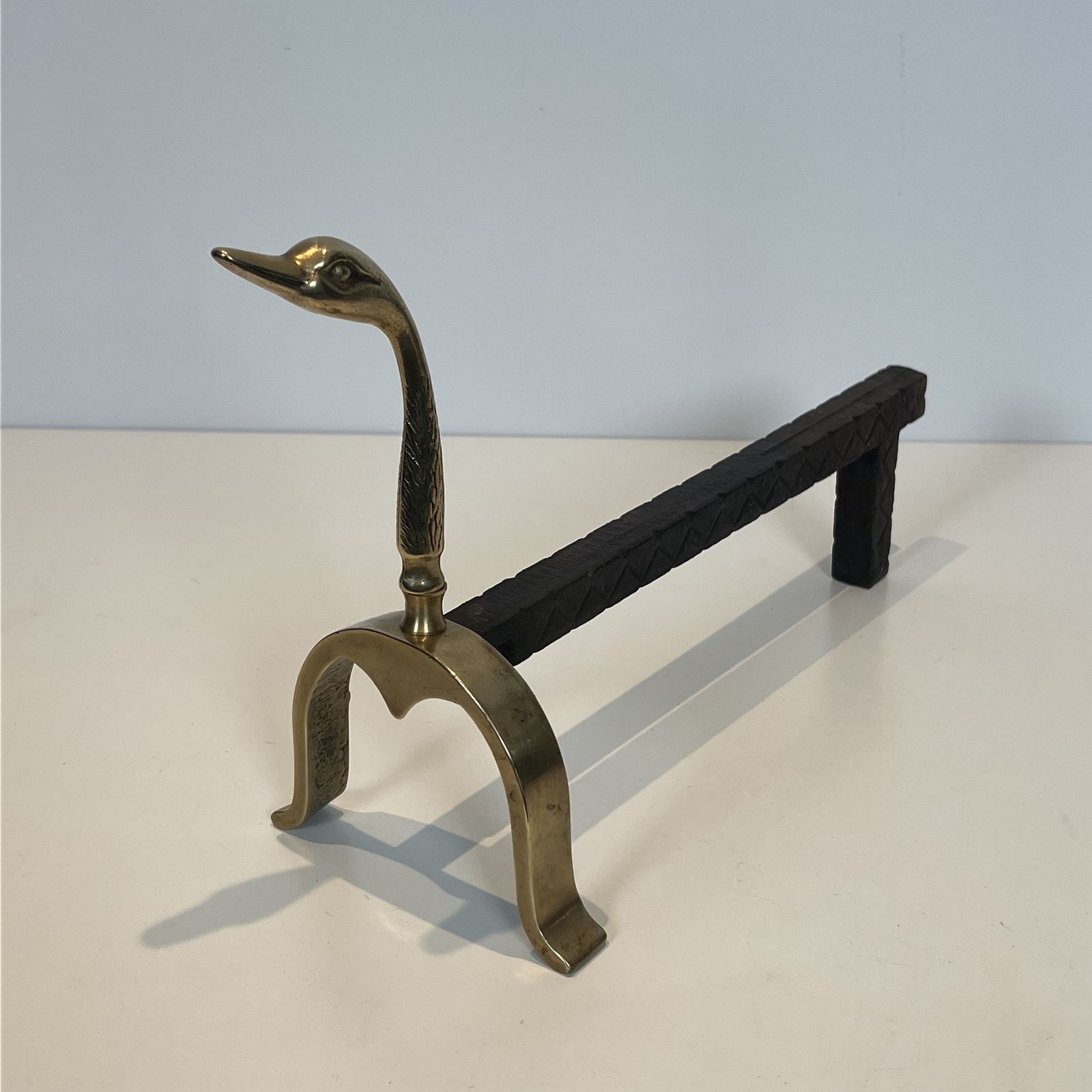 Pair Of Brass Andirons With Ducks. In The Style Of Maison Jansen photo vintage